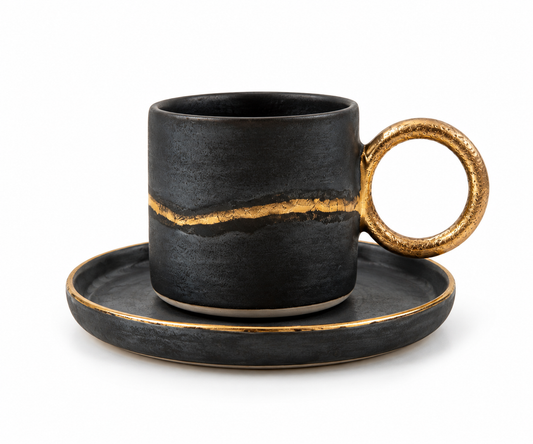 El Yapımı Altın Detaylı Stoneware Kahve Fincanı Seti