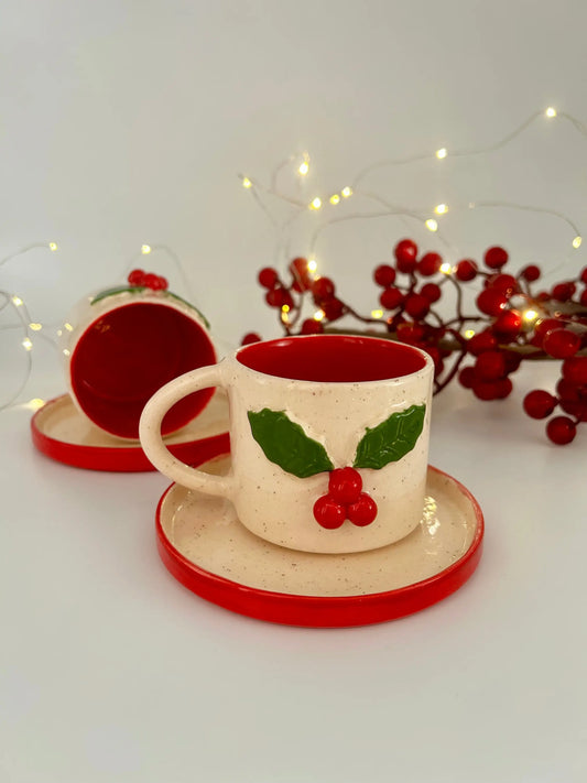 Yılbaşı Konseptli Kırmızı Kokinalı Türk Kahvesi Fincanı Tabaklı - Seramik Kahve Fincanı Yılbaşı Konseptli Kırmızı