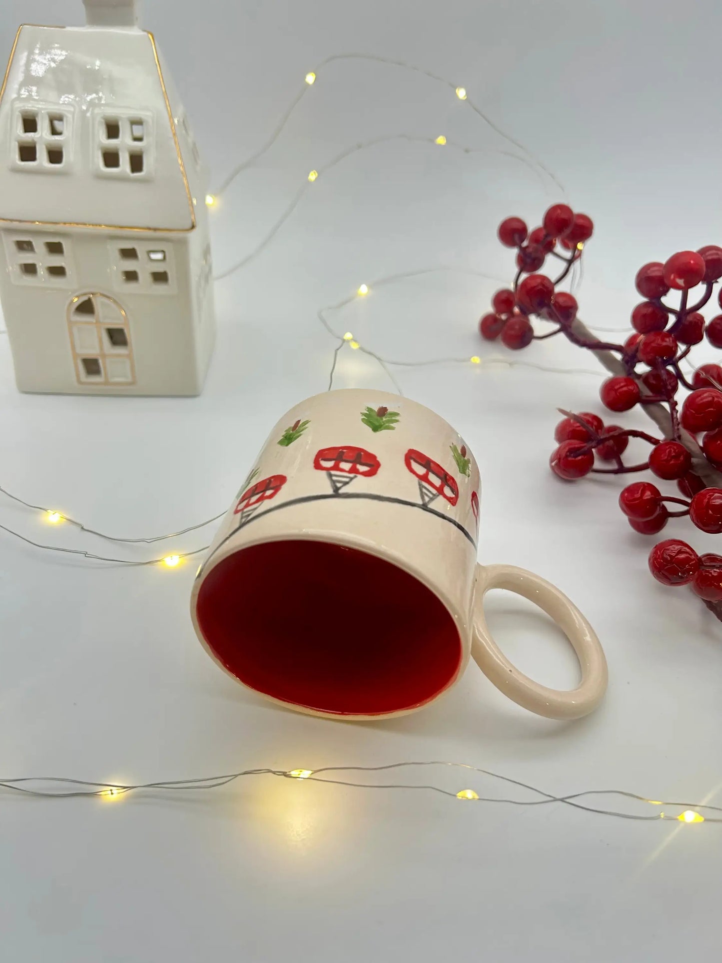 Yılbaşı Konseptli Kış Temalı El Yapımı Seramik Kahve Kupası - Seramik Kupa Yılbaşı Konseptli Kış Temalı El Yapımı